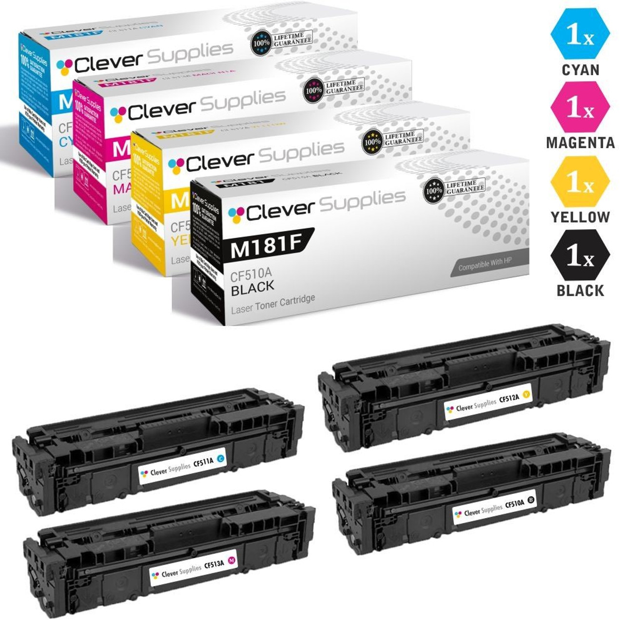 CS Compatible Replacement for HP M181fw Toner Cartridges 4 Color Set  (CF510A, CF511A, CF513A, CF512A) - Clever Supplies Ink & Toner Cartridge