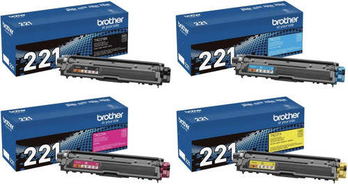 Brother TN221BK TN221C TN221M TN221Y Genuine OEM Toner Cartridge 4 Color Set - Black: 2,500 pages, Color: 1,400 pages each