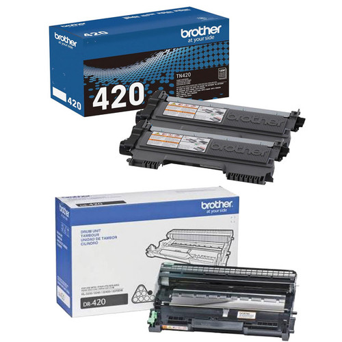 Brother Genuine TN420 Black Toner Cartridge and DR420 Drum OEM Bundle - 2 Toners + 1 Drum (1,200 Pages Each Toner, 12,000-Page Drum)