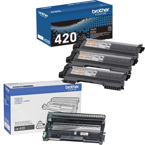 Brother Genuine TN420 Black Toner Cartridge and DR420 Drum OEM Bundle - 3 Toners + 1 Drum (1,200 Pages Each Toner, 12,000-Page Drum)