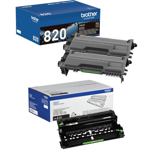 Brother Genuine TN820 Black Toner Cartridge and DR820 Drum OEM Bundle - 2 Toners + 1 Drum (3,000 Pages Each Toner, 30,000-Page Drum)