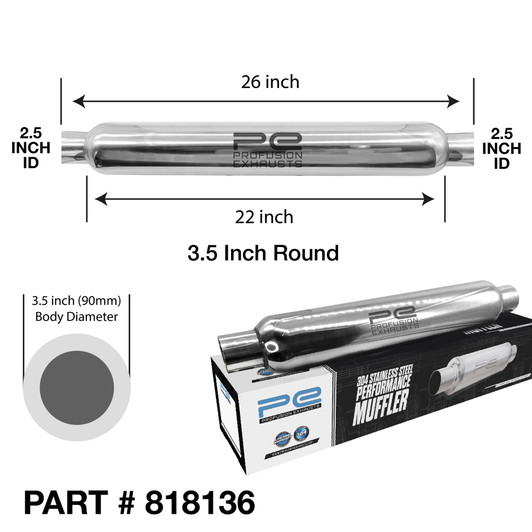 2.5" 63mm 3.5" Round x 22" Profusion 304 Stainless Exhaust Silencer Resonator