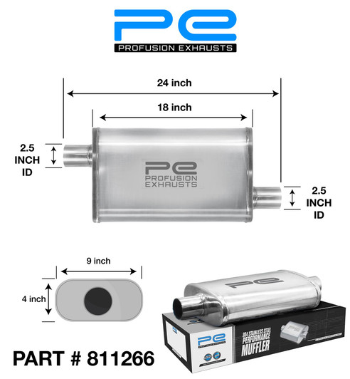 2.5" 63mm 4" x 9" Oval x 18" O/O Profusion 304 Stainless Steel Exhaust Silencer
