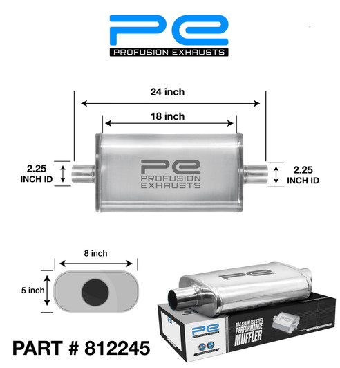 2.25" 57mm 5" x 8" Oval x 18" Profusion 304 Stainless Steel Exhaust Silencer