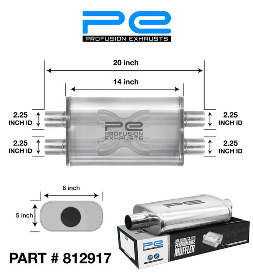 2.25" 57mm 5"x 8" Oval x 14" D/D Profusion 304 Stainless Steel Exhaust Silencer
