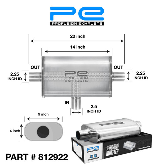 2.5" 63mm 4x9 Oval x 14" T Pipe Profusion 304 Stainless Steel Exhaust Silencer