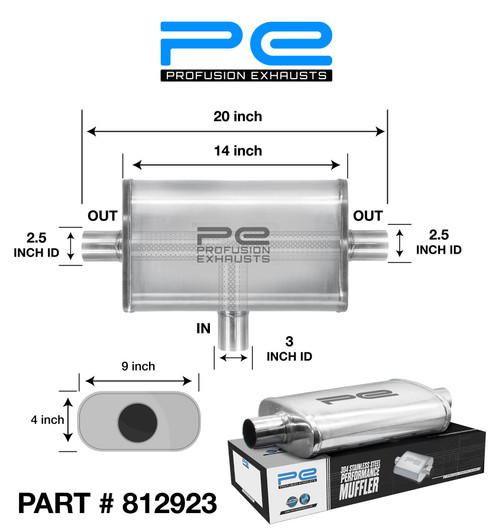 3" 76mm 4"x 9" Oval x 14" T Pipe Profusion 304 Stainless Steel Exhaust Silencer