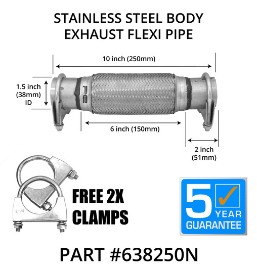 38mm x 250mm Clamp On Exhaust Flexible Joint Repair Flexi Pipe tube Flex