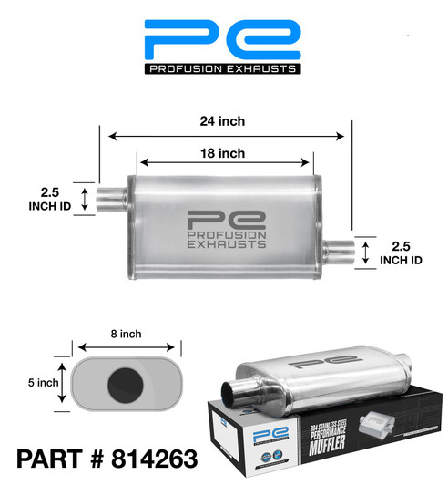2.5" 63mm 5" x 8" Oval x 18" O/O Profusion 304 Stainless Steel Exhaust Silencer
