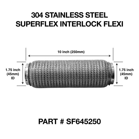 45mm x 250mm Soft Superflex Interlock Weld On 304 Stainless Steel Exhaust Flexi Tube Pipe
