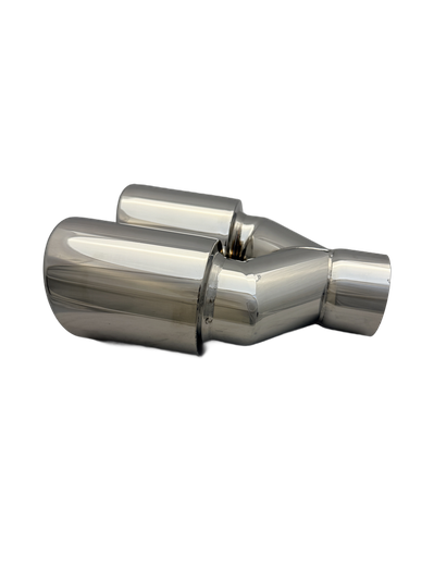 3.54 inch (90mm) (OD) Mirror Polished Twin (LEFT) 304 Stainless Steel Slash Cut Exhaust Tail Pipe Staggered - PE22395L