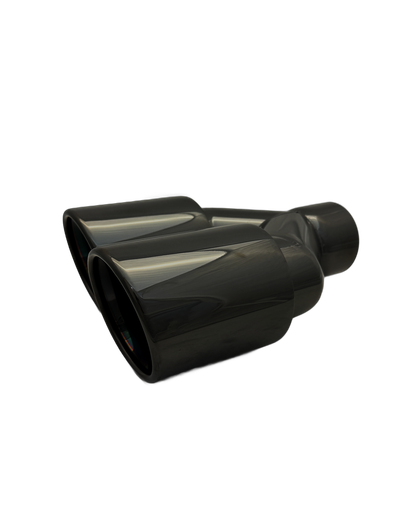 3.54 inch (90mm) (OD) Black Chrome Twin (LEFT) 304 Stainless Steel Slash Cut Exhaust Tail Pipe Staggered - PE22396L