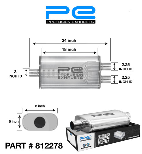3" 76mm 5" x 8" Oval x 18" S/D Profusion 304 Stainless Steel Exhaust Silencer