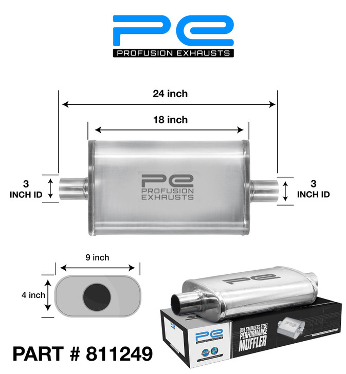 3" 76mm 4" x 9" Oval x 18" Profusion 304 Stainless Steel Exhaust Silencer