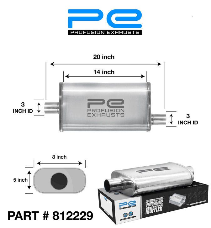 3" 76mm 5" x 8" Oval x 14" C/O Profusion 304 Stainless Steel Exhaust Silencer