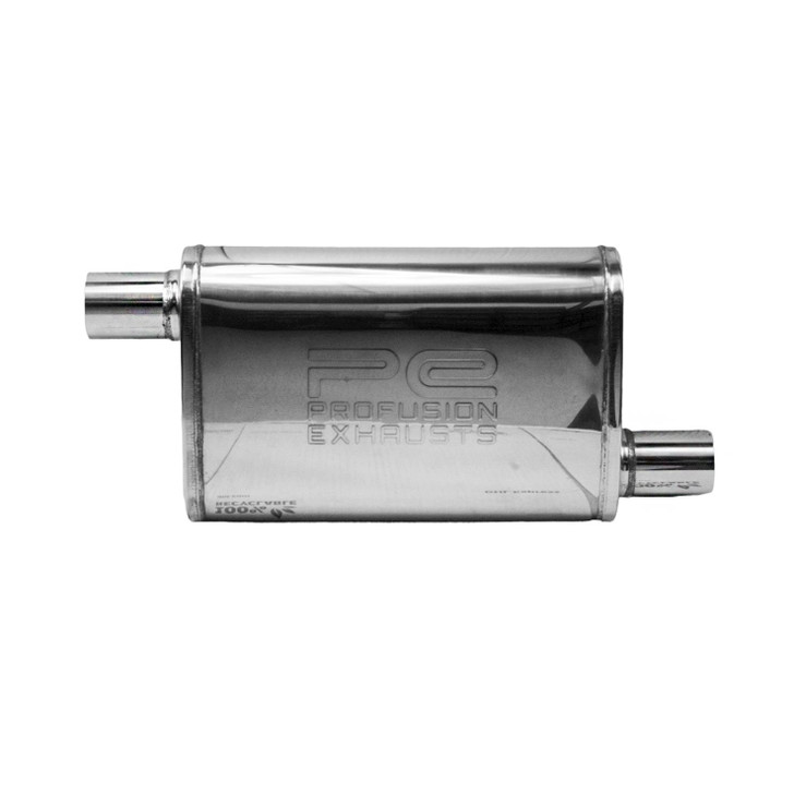 2.25" 57mm 4"x 9" Oval x 14" Offset / Offset Profusion 304 Stainless Steel Exhaust Silencer