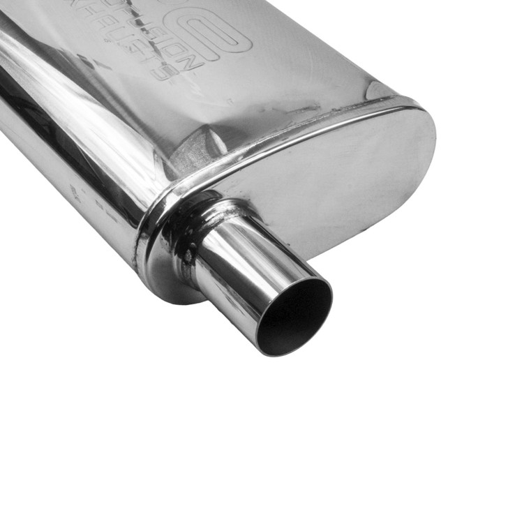 2.25" 57mm 4"x 9" Oval x 14" Offset / Offset Profusion 304 Stainless Steel Exhaust Silencer