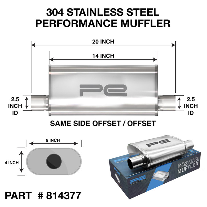 2.5" 63mm 4 x 9 Oval x 14" O/O Profusion 304 Stainless Steel Exhaust Silencer