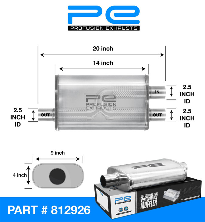 2.5" 63mm 4" x 9" Oval x 14" S/D Profusion 304 Stainless Steel Exhaust Silencer