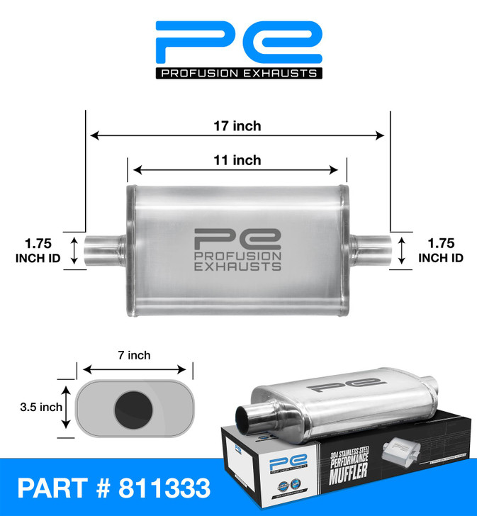 1.75" 45mm 3.5" x 7" Oval x 11" Profusion 304 Stainless Steel Exhaust Silencer