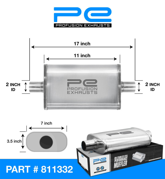 2" 51mm 3.5" x 7" Oval x 11" Profusion 304 Stainless Steel Exhaust Silencer