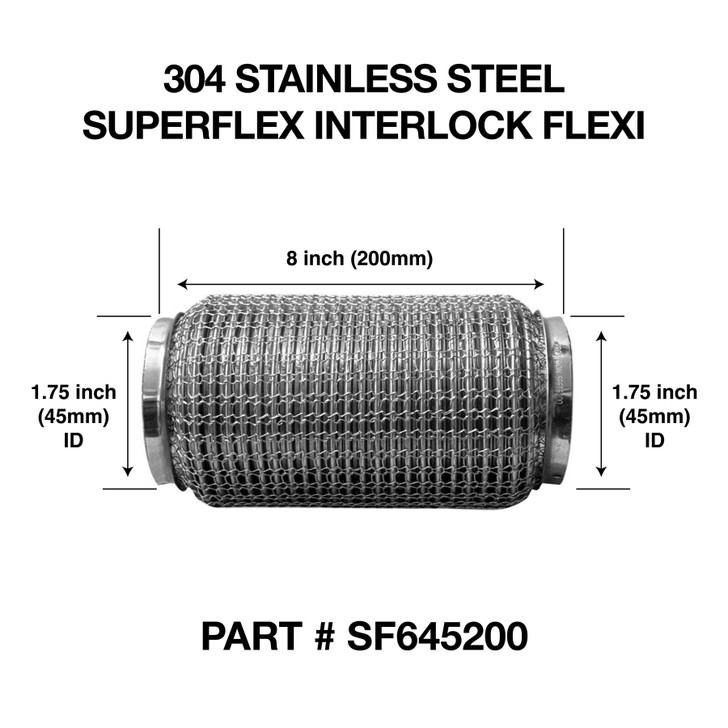 45mm x 200mm Soft Superflex Interlock Weld On 304 Stainless Steel Exhaust Flexi Tube Pipe