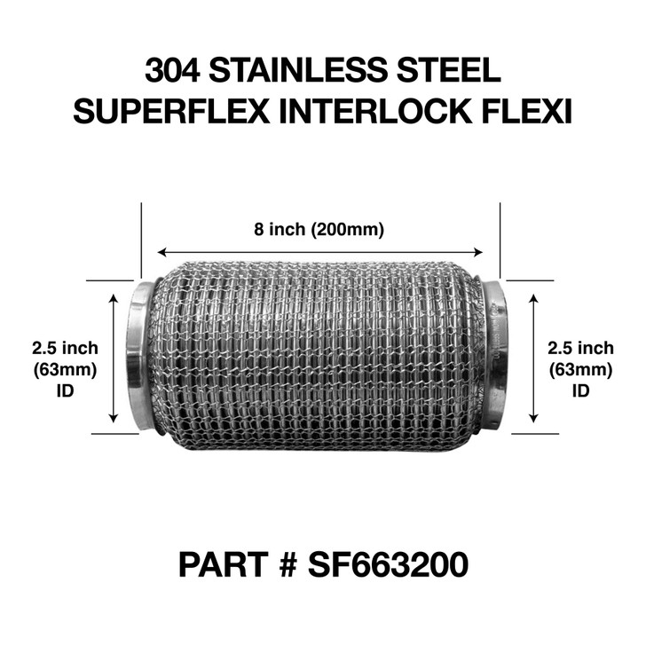 63mm x 200mm Soft Superflex Interlock Weld On 304 Stainless Steel Exhaust Flexi Tube Pipe