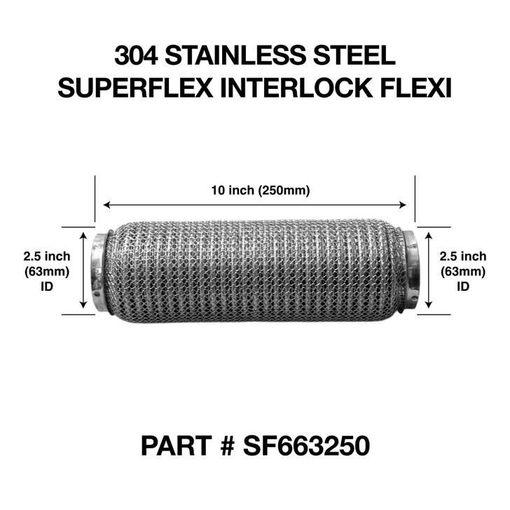 63mm x 250mm Soft Superflex Interlock Weld On 304 Stainless Steel Exhaust Flexi Tube Pipe