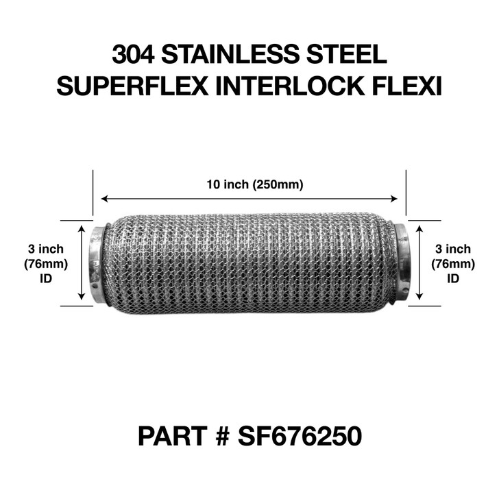 76mm x 250mm Soft Superflex Interlock Weld On 304 Stainless Steel Exhaust Flexi Tube Pipe