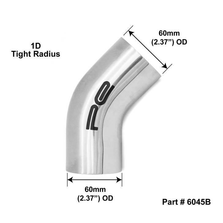 45 degree 2.37" 60mm Tight 1D Mandrel Exhaust Bend T304 Stainless Steel Satin Polished