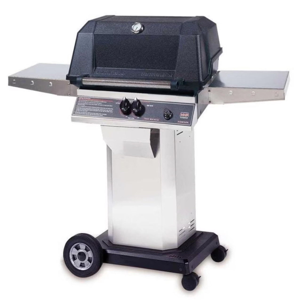 MHP WNK4DD - 57-Inch 2-Burner Stainless Cart Grill with Stainless Steel Shelves and Stainless Grids - Liquid Propane Gas - WNK4DD-P + OCOL + OM-P