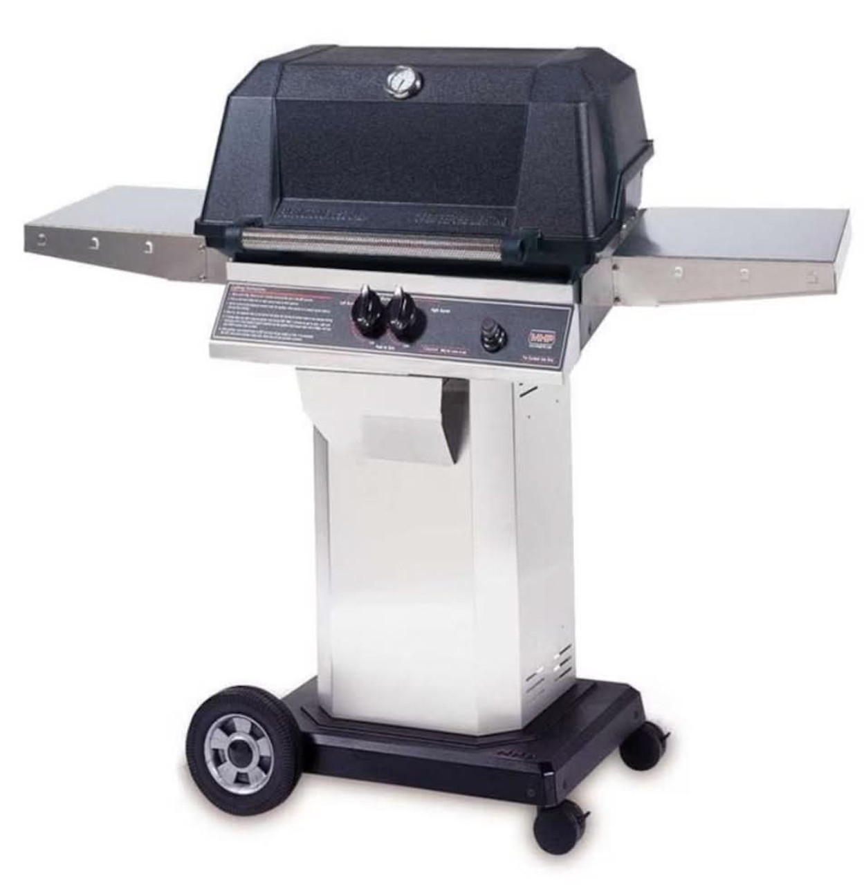 MHP WNK4DD - 57-Inch 2-Burner Stainless Cart Grill with Stainless Steel Shelves and Stainless Grids - Liquid Propane Gas - WNK4DD-P + OCOL + OM-P