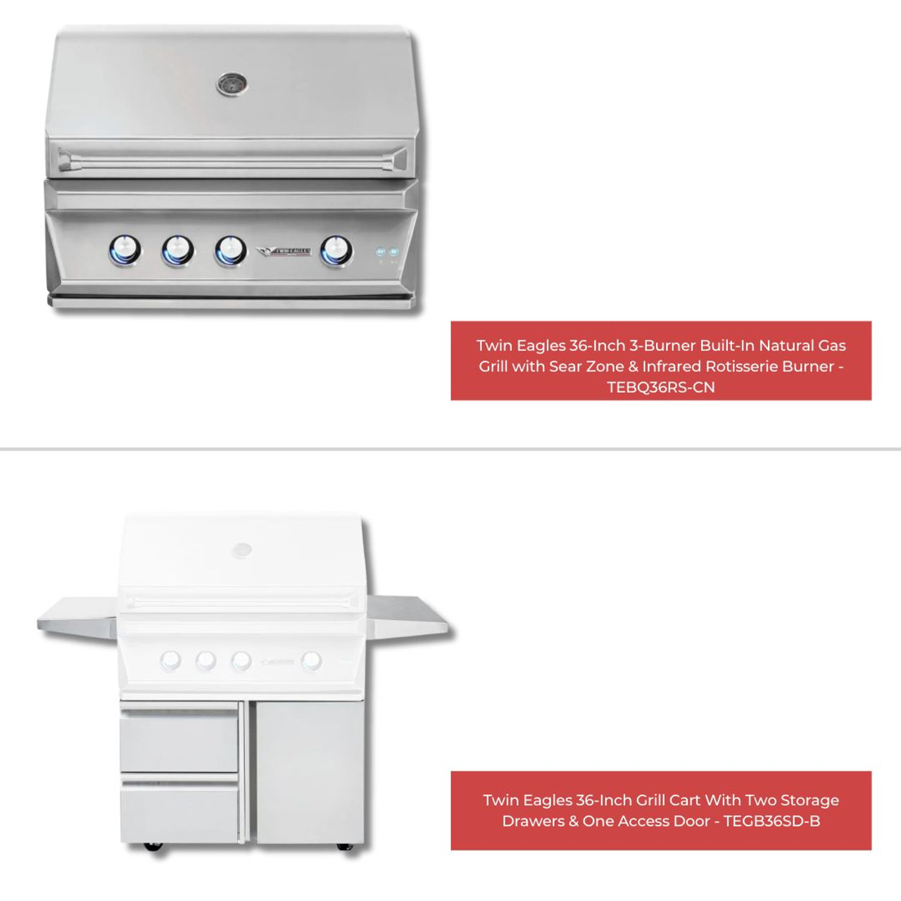 Twin Eagles - 36-Inch 3-Burner Freestanding Grill - Natural Gas - TEBQ36RS-CN + TEGB36SD-B