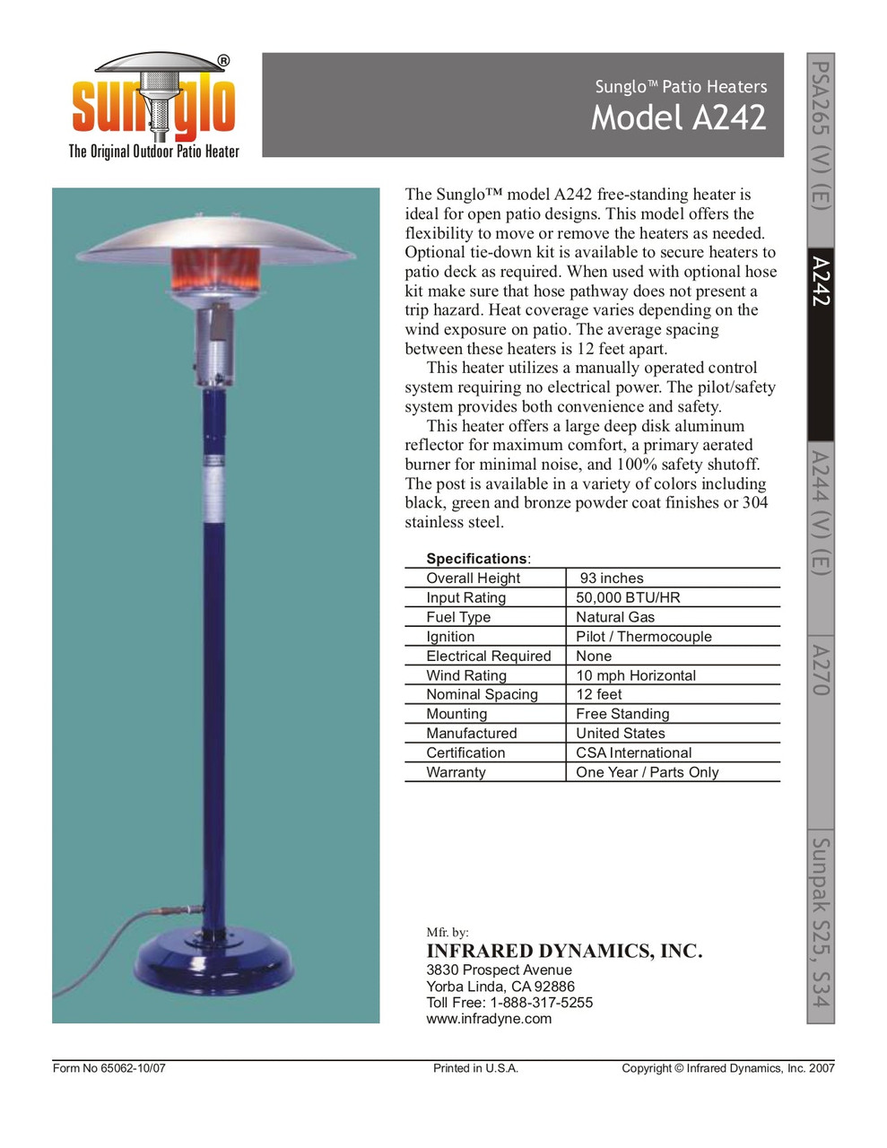Sunglo 50000 BTU Natural Gas Patio Heater Black A242B - A242B
