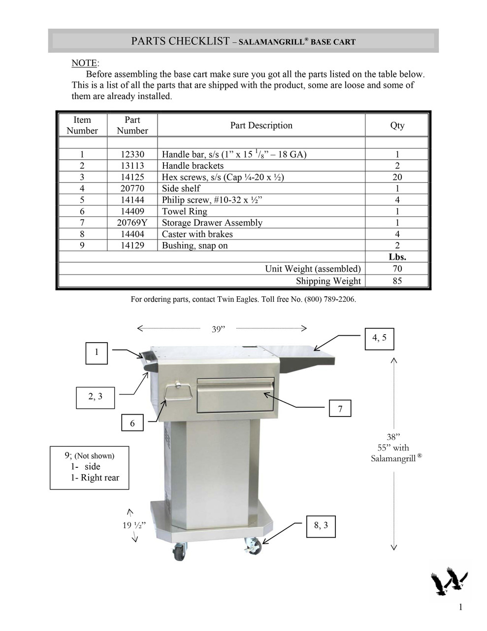 Twin Eagles 24 Inch Salamangrill Pedestal Cart - TSGB24