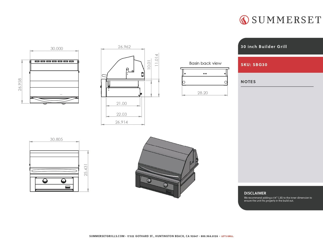 Summerset Builder - 30-Inch 2-Burner Built In Grill - Natural Gas (Ships as Natural Gas with Conversion Fittings) - SBG30-NG