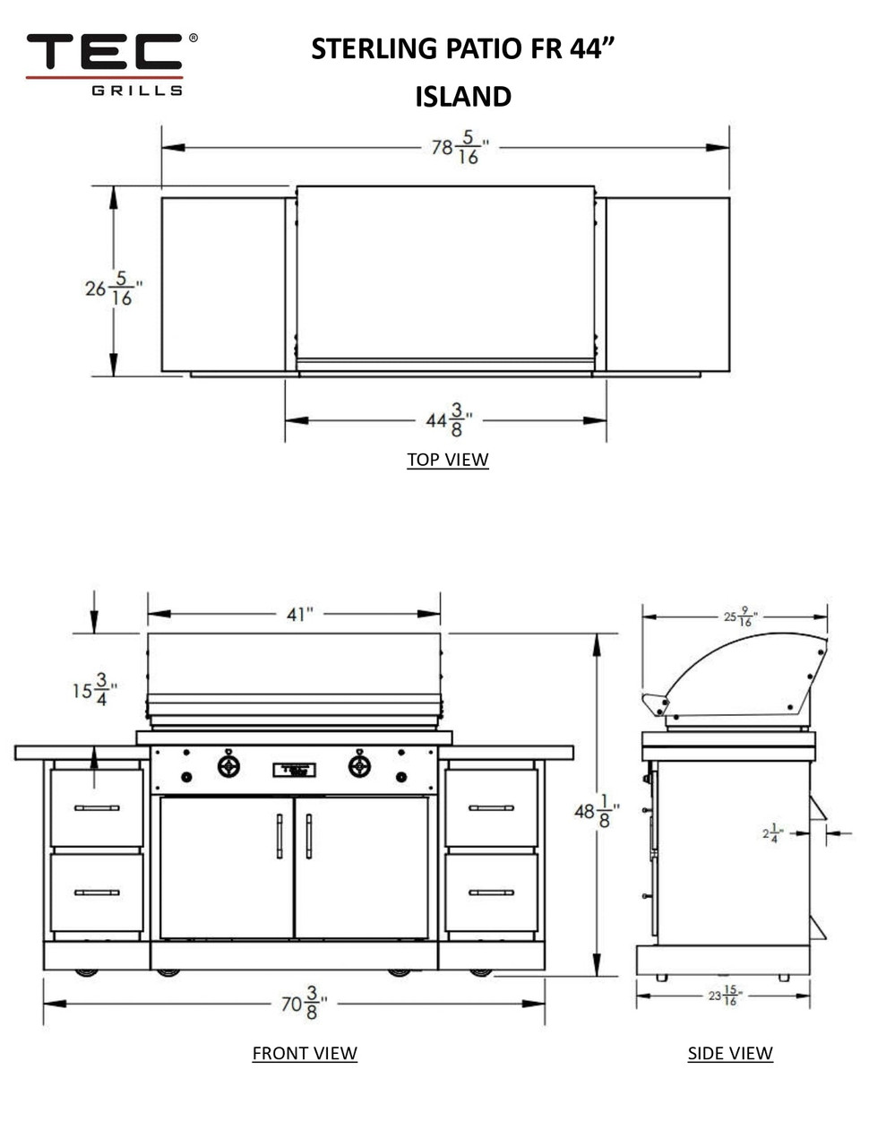 TEC Sterling Patio FR - 44-Inch 2-Burner Infrared Grill - Liquid Propane Gas on Stainless Steel Island - STPFR2LPISL