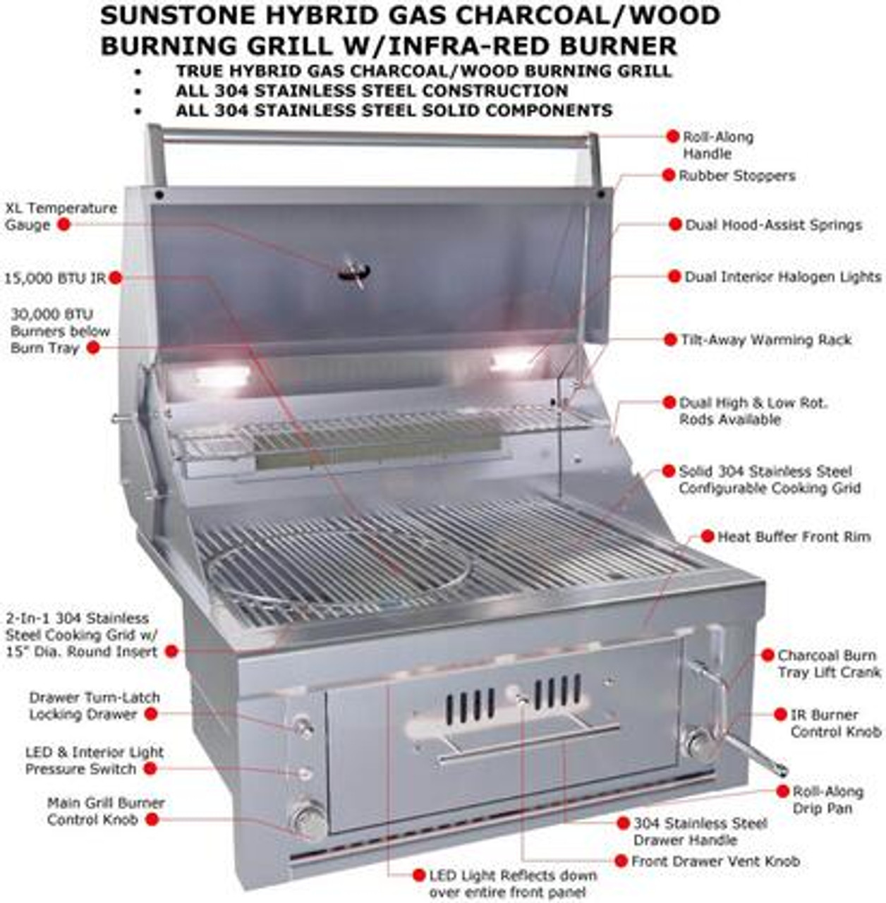 Sunstone - 30-Inch 3-Burner Built-In Grill Hybrid - Liquid Propane Gas - SUNCHSZ30IR-LP