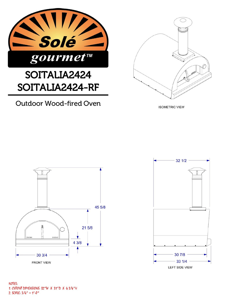 Sole Gourmet Italia - 32-Inch Built-In Pizza Oven - Wood Fired - ITALIA2432