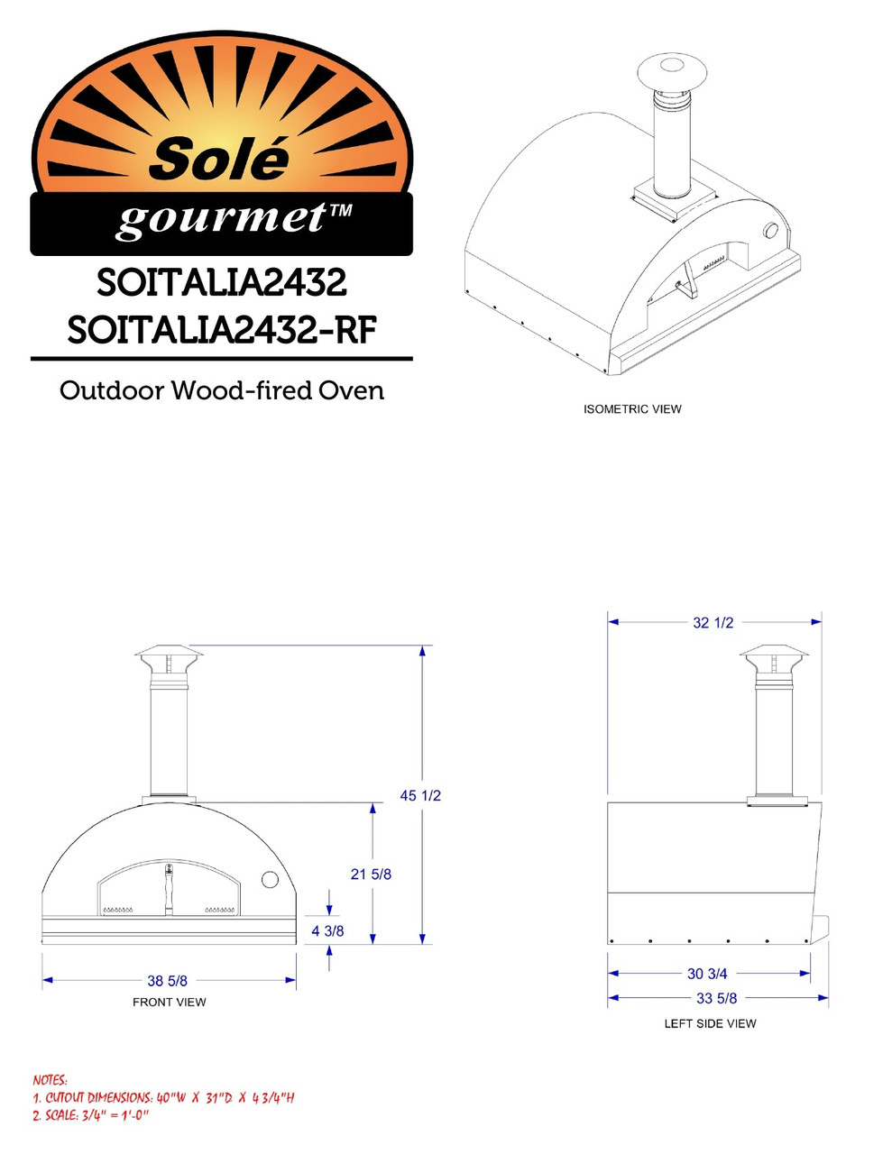 Sole Gourmet Italia - 32-Inch Built-In Pizza Oven - Wood Fired - ITALIA2432