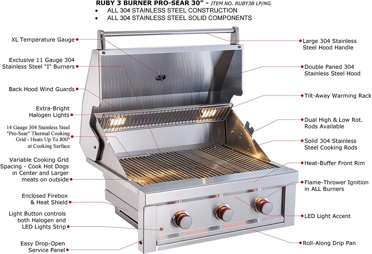 Sunstone Ruby - 30-Inch 3-Burner Built-In Grill with Pro Sear - Liquid Propane Gas - RUBY3B-LP