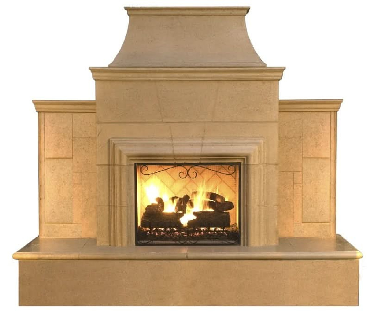 American Fyre Designs 95 Inch Vented Free-Standing Outdoor Grand Cordova Fireplace with Rectangle Extended Bullnose Hearth, No Recess, Smoke, Key Value on the LEFT/Gas Source UNDERNEATH- 882-35-N-SM-LUC