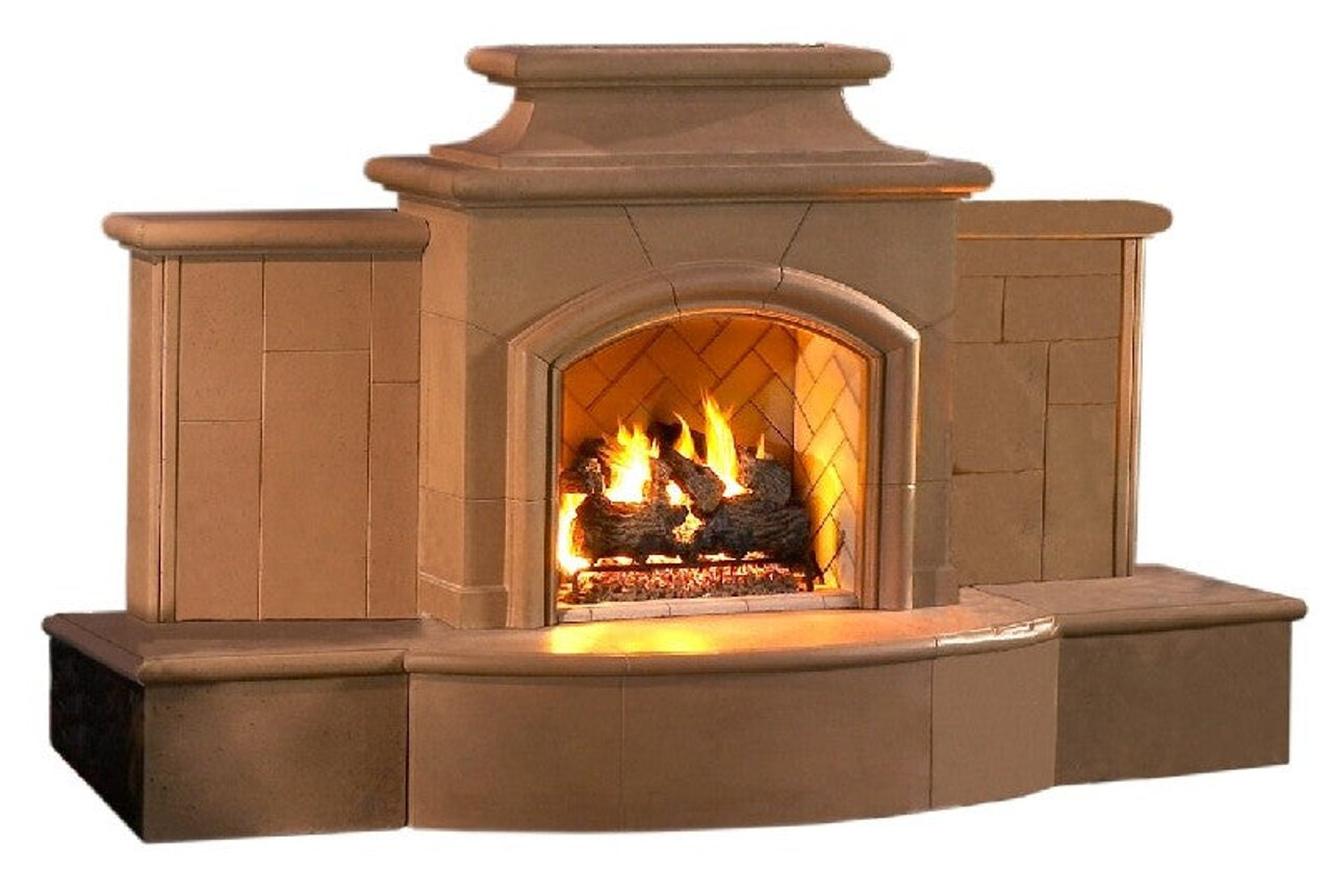 American Fyre Designs 67 Inch Vented Free-Standing Outdoor Grand Mariposa Fireplace with Extended Bullnose Hearth, No Recess, Smoke, Key Value on the RIGHT/Gas Source out the BACK- 868-05-N-SM-RBC