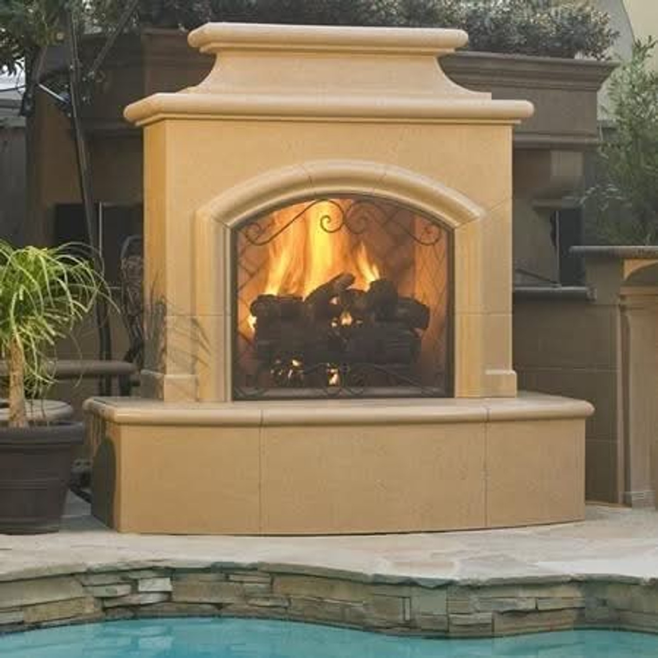 American Fyre Designs 67 Inch Vent-Free Free-Standing Outdoor Mariposa Fireplace, 113 Inch Extended Bullnose, No Recess, Cafe Blanco, Key Value on the RIGHT/Gas Source UNDERNEATH- 173-05-N-CB-RUC