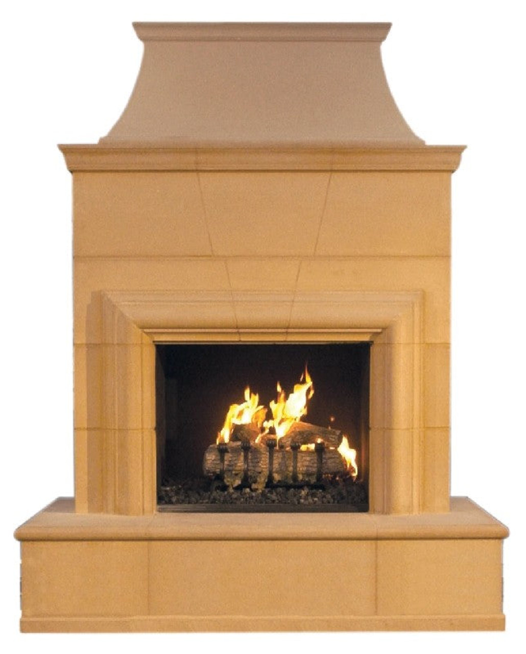American Fyre Designs 95 Inch Vent-Free Free-Standing Outdoor Cordova Fireplace, 110 Inch Radiused Bullnose, No Recess, Cafe Blanco, Key Value on the RIGHT/Gas Source out the BACK- 122-37-N-CB-RBC