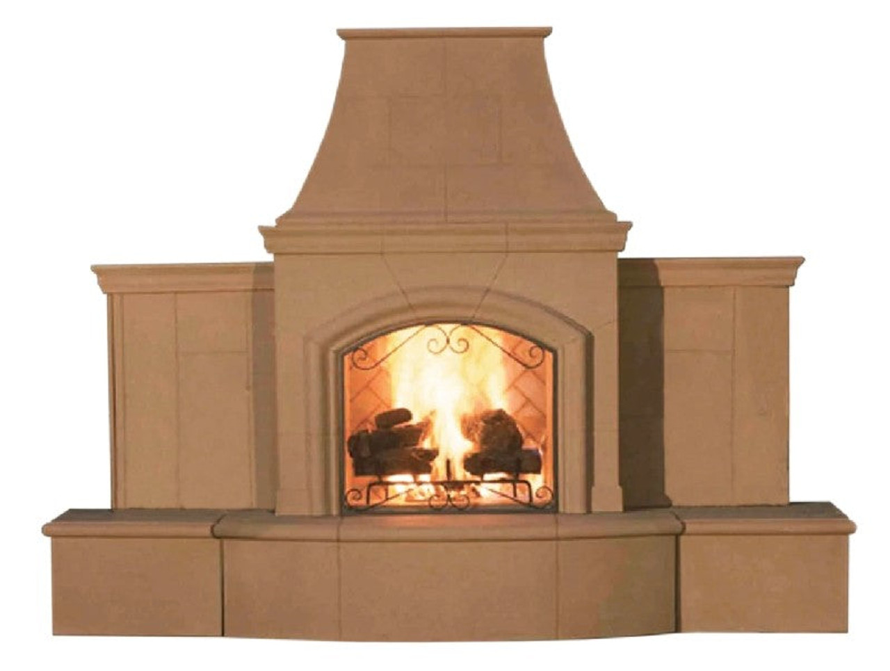 American Fyre Designs 87 Inch Vent-Free Free-Standing Outdoor Grand Phoenix Fireplace with Extended Bullnose Hearth, No Recess, Cafe Blanco, Key Value on the RIGHT/Gas Source out the BACK- 118-05-N-CB-RBC