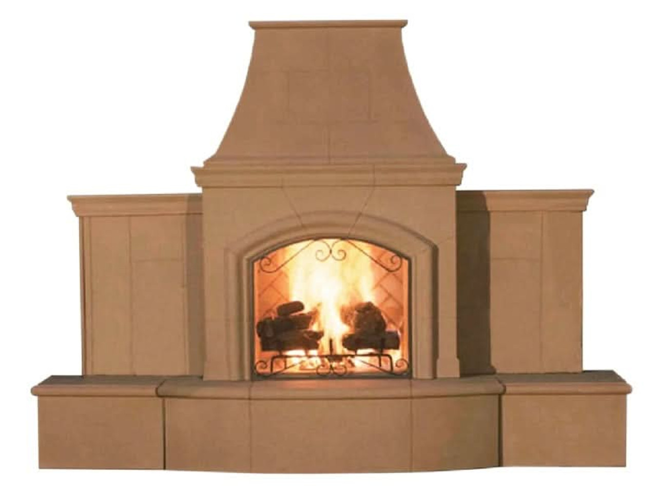 American Fyre Designs 87 Inch Vent-Free Free-Standing Outdoor Grand Phoenix Fireplace with Extended Bullnose Hearth, No Recess, Cafe Blanco, Key Value on the RIGHT/Gas Source out the BACK- 118-05-N-CB-RBC