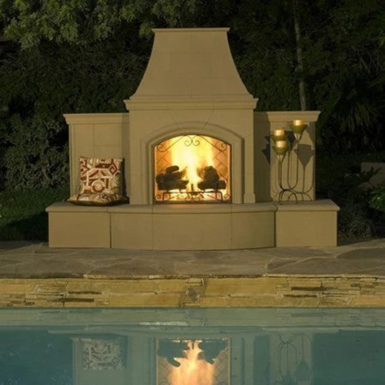 American Fyre Designs 87 Inch Vent-Free Free-Standing Outdoor Grand Phoenix Fireplace with Extended Bullnose Hearth, No Recess, Black Lava, Key Value on the LEFT/Gas Source UNDERNEATH- 118-05-N-BA-LUC