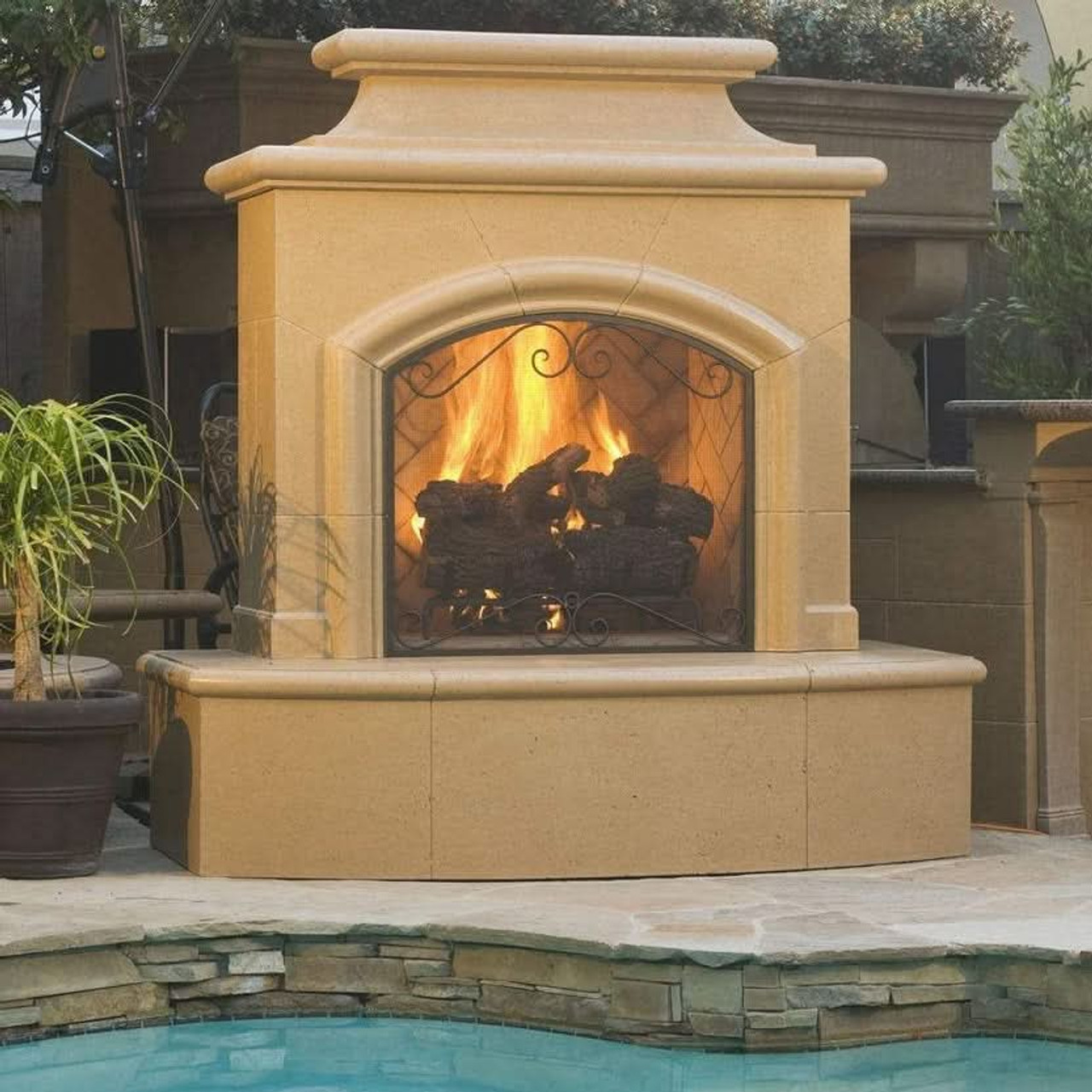 American Fyre Designs 67 Inch Vented Free-Standing Outdoor Mariposa Fireplace, 16 Inch Radiused Bullnose, No Recess, Cafe Blanco, Key Value on the LEFT/Gas Source UNDERNEATH- 073-01-N-CB-LUC