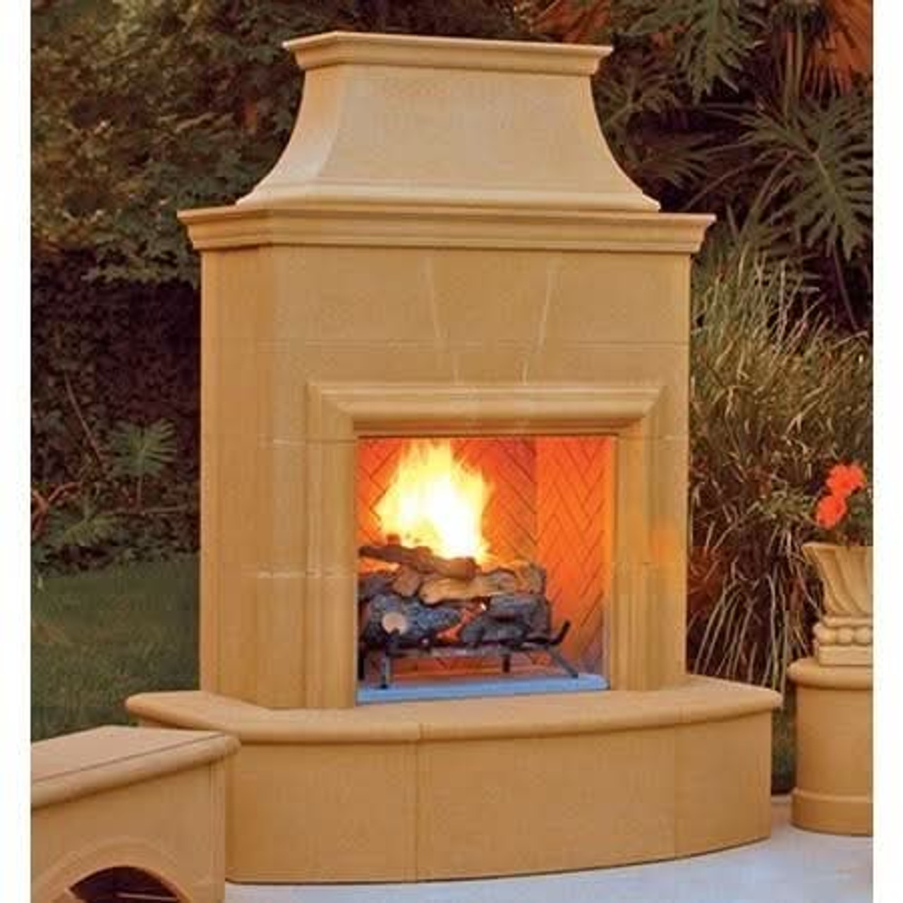 American Fyre Designs 84 Inch Vented Free-Standing Outdoor Petite Cordova Fireplace, Corner Square Edge, No Recess, Cafe Blanco, Key Value on the RIGHT/Gas Source UNDERNEATH- 025-08-N-CB-RUC